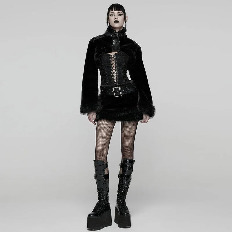 Damen Punk Kunstpelzrock mit Gürtel Schwarz
