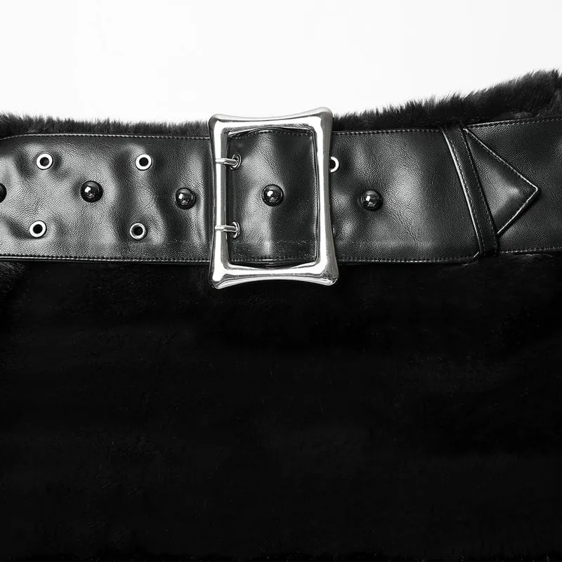 Damen Punk Kunstpelzrock mit Gürtel Schwarz