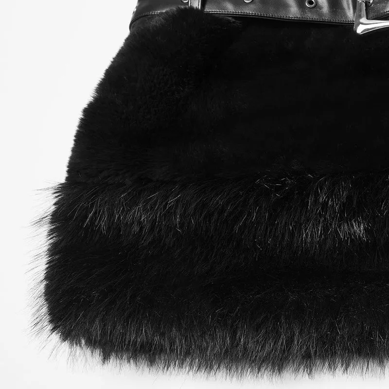 Damen Punk Kunstpelzrock mit Gürtel Schwarz