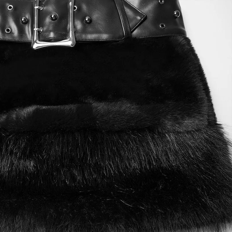 Damen Punk Kunstpelzrock mit Gürtel Schwarz