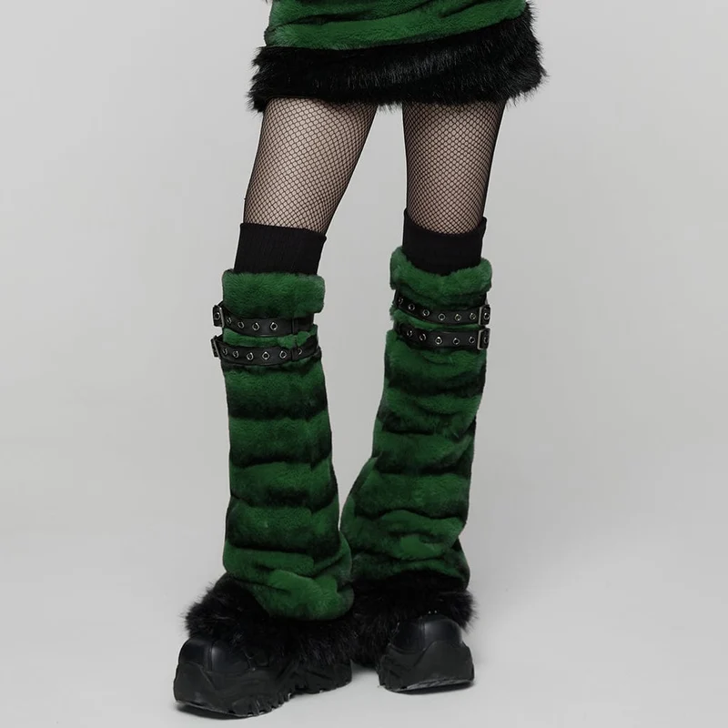 Damen Punk Schnalle Riemen Kunstpelz Beinlinge Grün