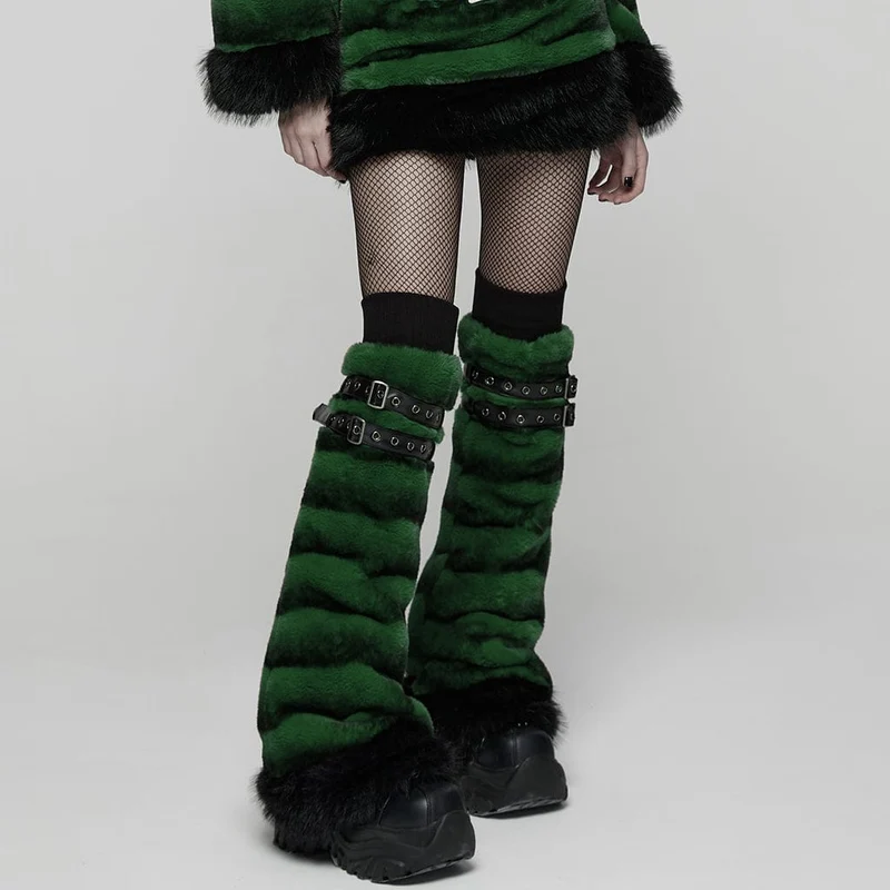 Damen Punk Schnalle Riemen Kunstpelz Beinlinge Grün