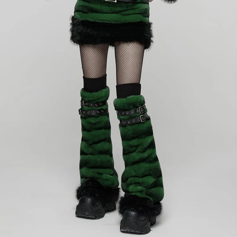 Damen Punk Schnalle Riemen Kunstpelz Beinlinge Grün