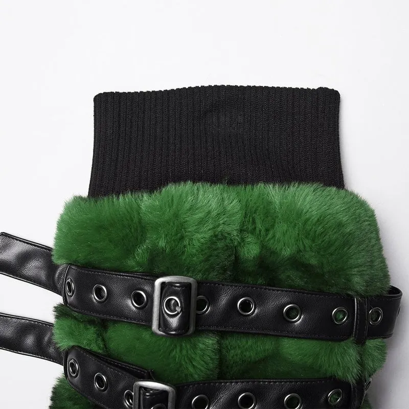 Damen Punk Schnalle Riemen Kunstpelz Beinlinge Grün