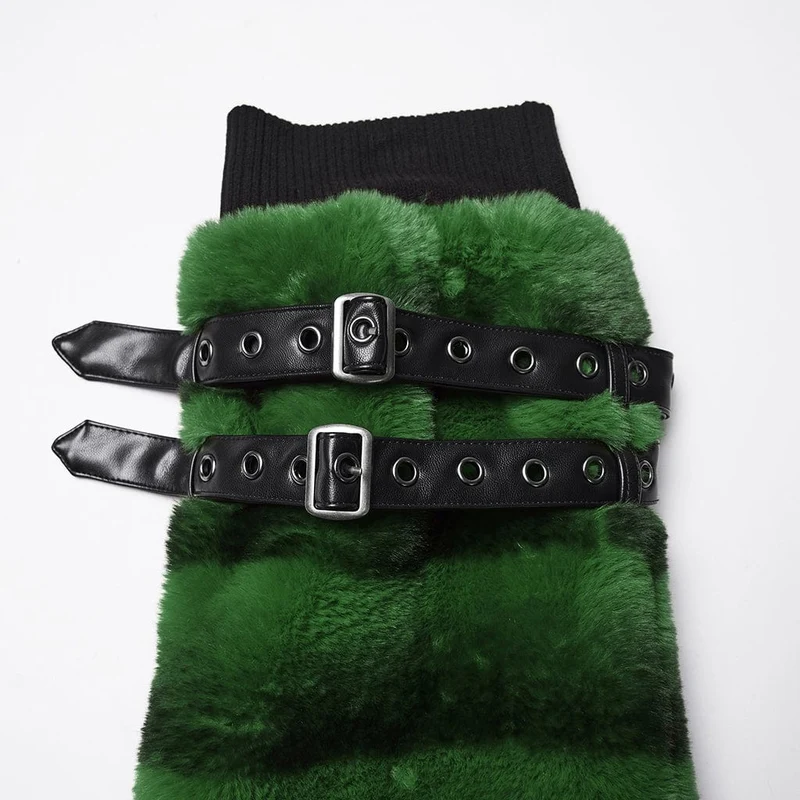 Damen Punk Schnalle Riemen Kunstpelz Beinlinge Grün