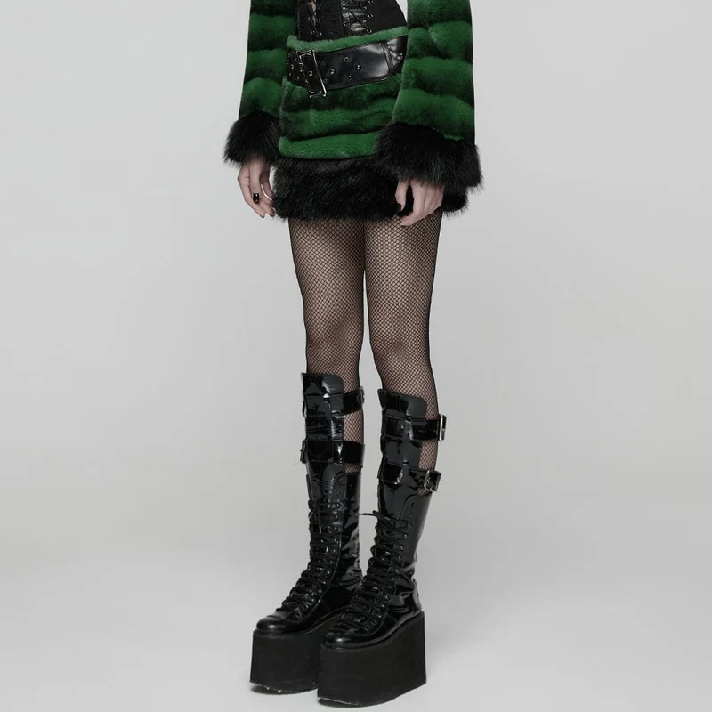 Damen Punk Kunstpelzrock mit Gürtel Grün