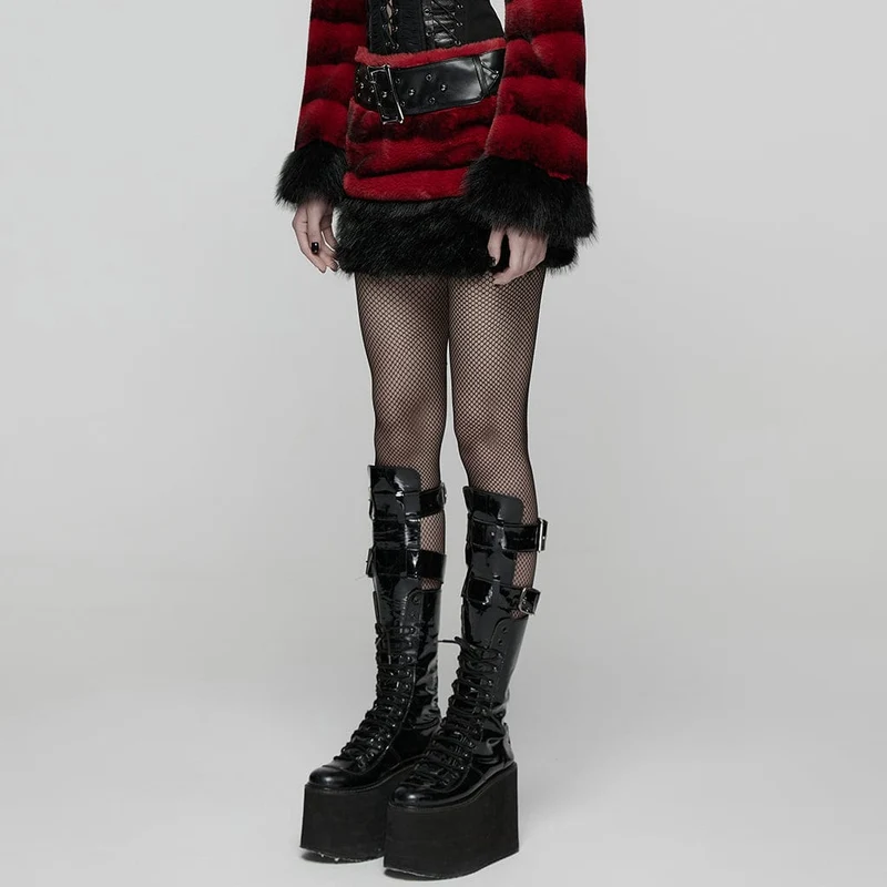 Damen Punk Kunstpelzrock mit Gürtel Rot