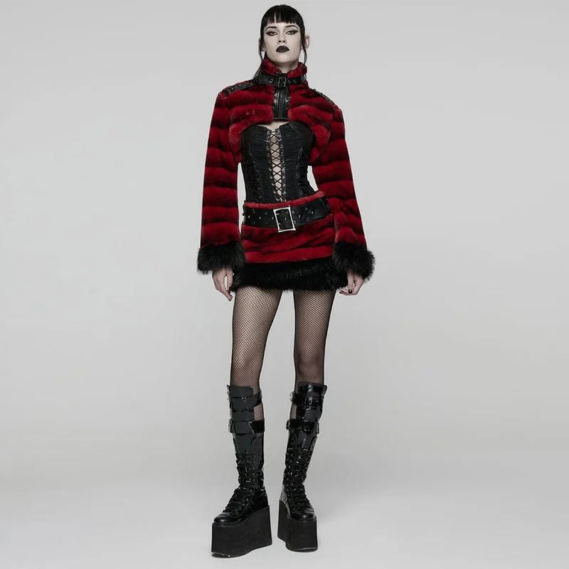 Damen Punk Kunstpelzrock mit Gürtel Rot