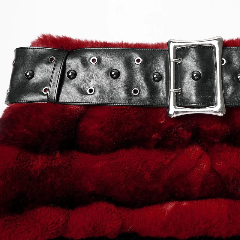 Damen Punk Kunstpelzrock mit Gürtel Rot