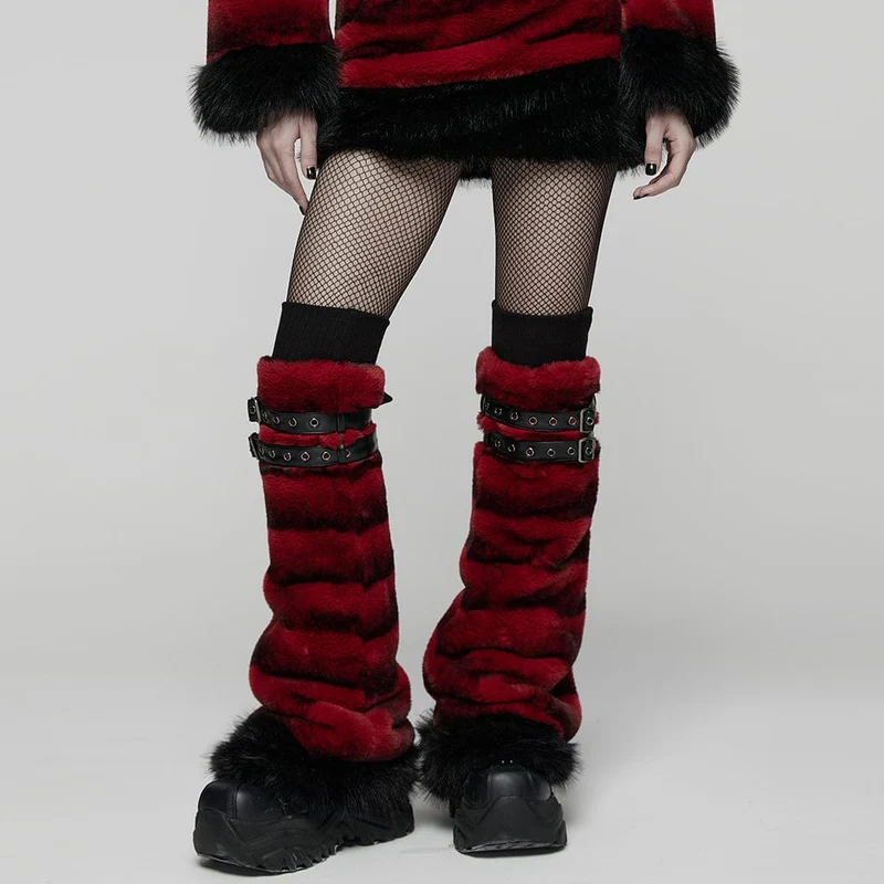 Damen Punk Schnalle Riemen Kunstpelz Beinlinge Rot