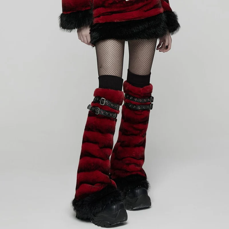 Damen Punk Schnalle Riemen Kunstpelz Beinlinge Rot