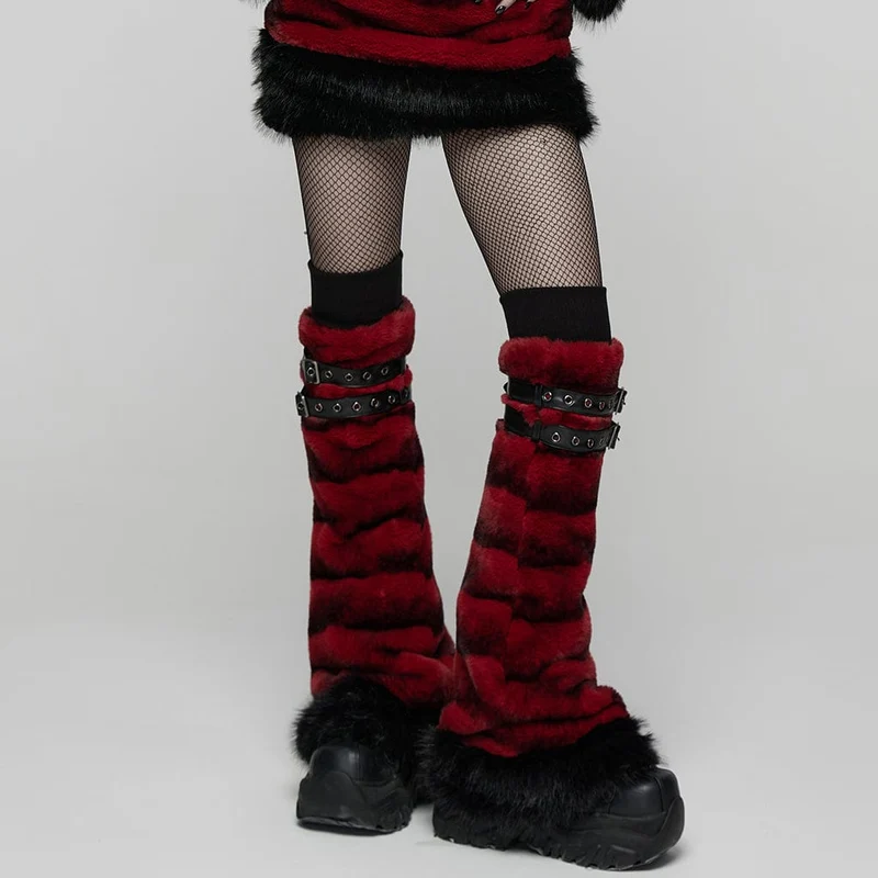 Damen Punk Schnalle Riemen Kunstpelz Beinlinge Rot