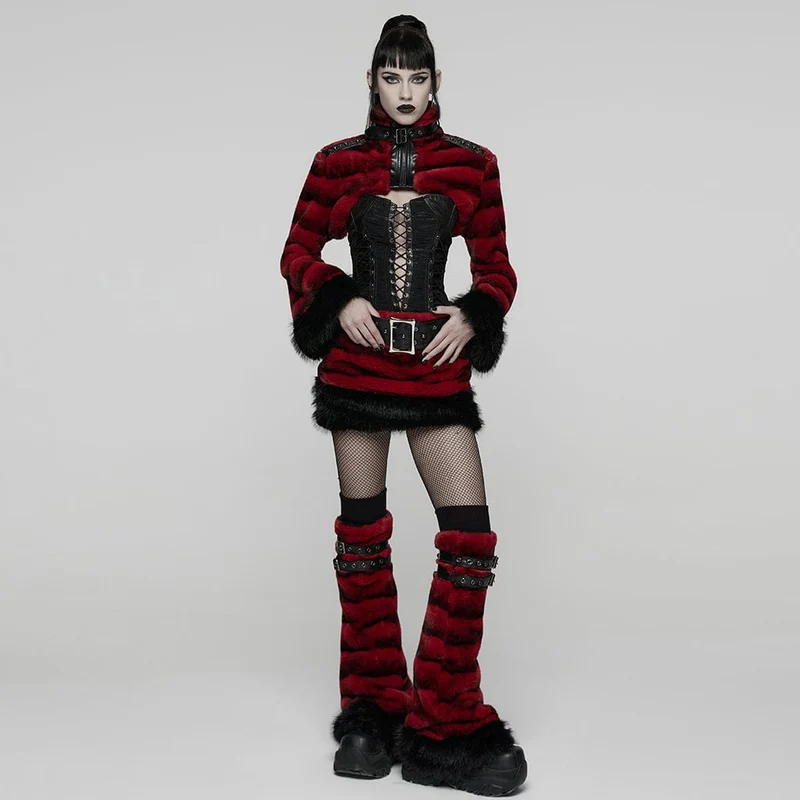 Damen Punk Schnalle Riemen Kunstpelz Beinlinge Rot