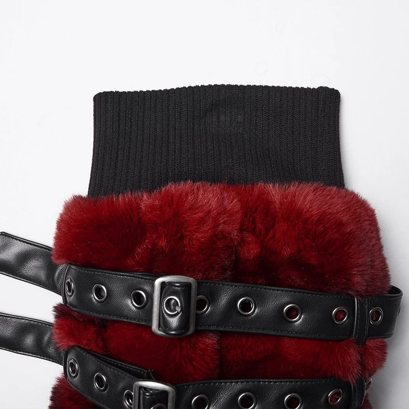 Damen Punk Schnalle Riemen Kunstpelz Beinlinge Rot