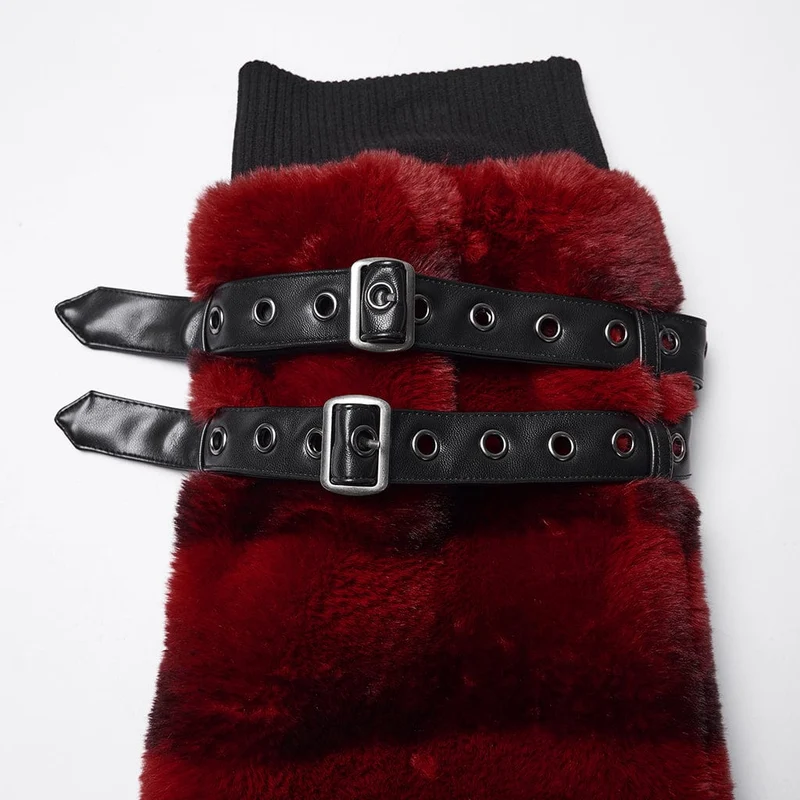 Damen Punk Schnalle Riemen Kunstpelz Beinlinge Rot
