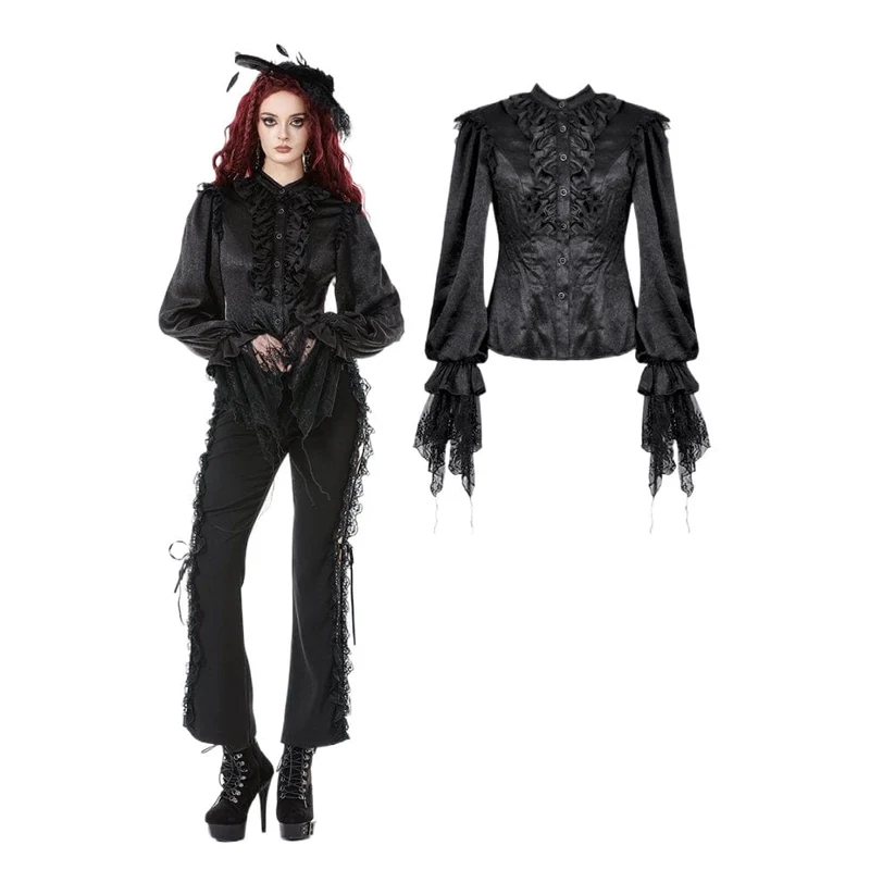 Gothic-Hemd mit Rüschen und Spitzenspleiß und Laternenärmeln für Damen
