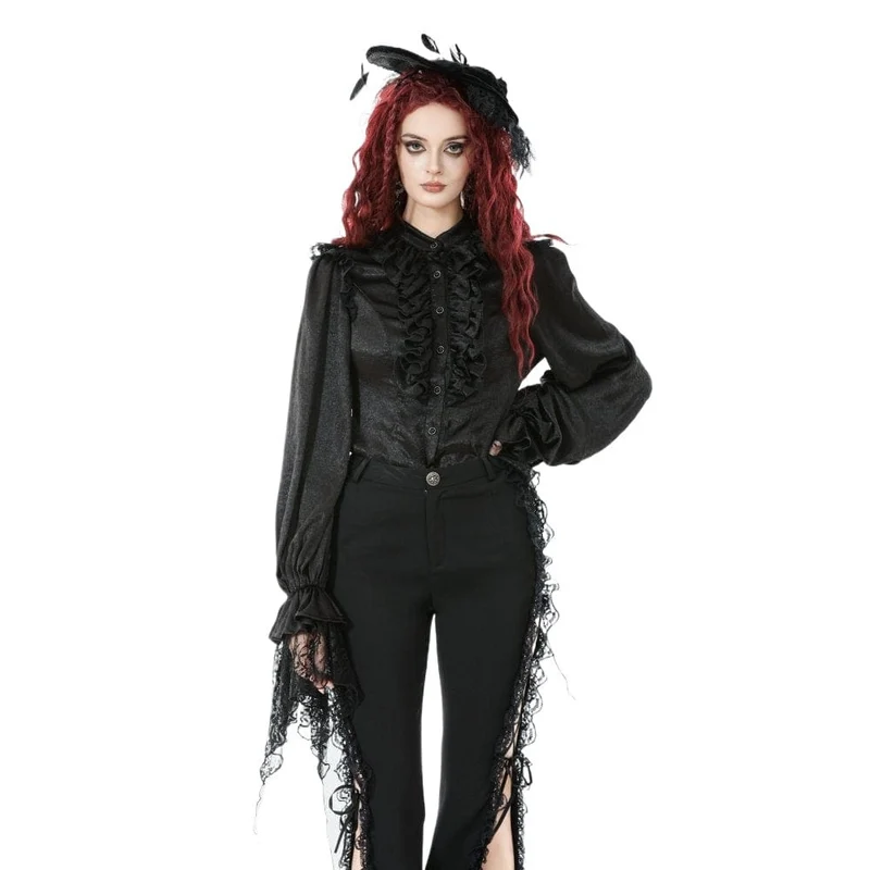 Gothic-Hemd mit Rüschen und Spitzenspleiß und Laternenärmeln für Damen