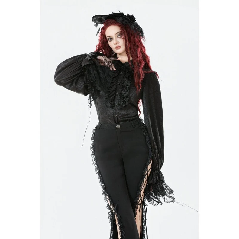 Gothic-Hemd mit Rüschen und Spitzenspleiß und Laternenärmeln für Damen
