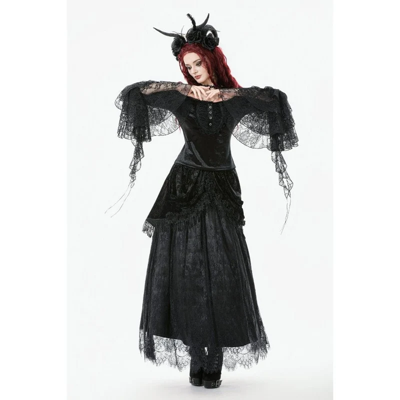Damen Gothic Maxirock mit Spitze und Blumenquaste