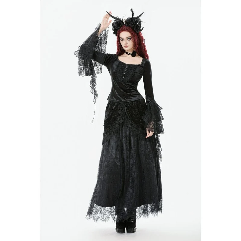 Damen Gothic Maxirock mit Spitze und Blumenquaste
