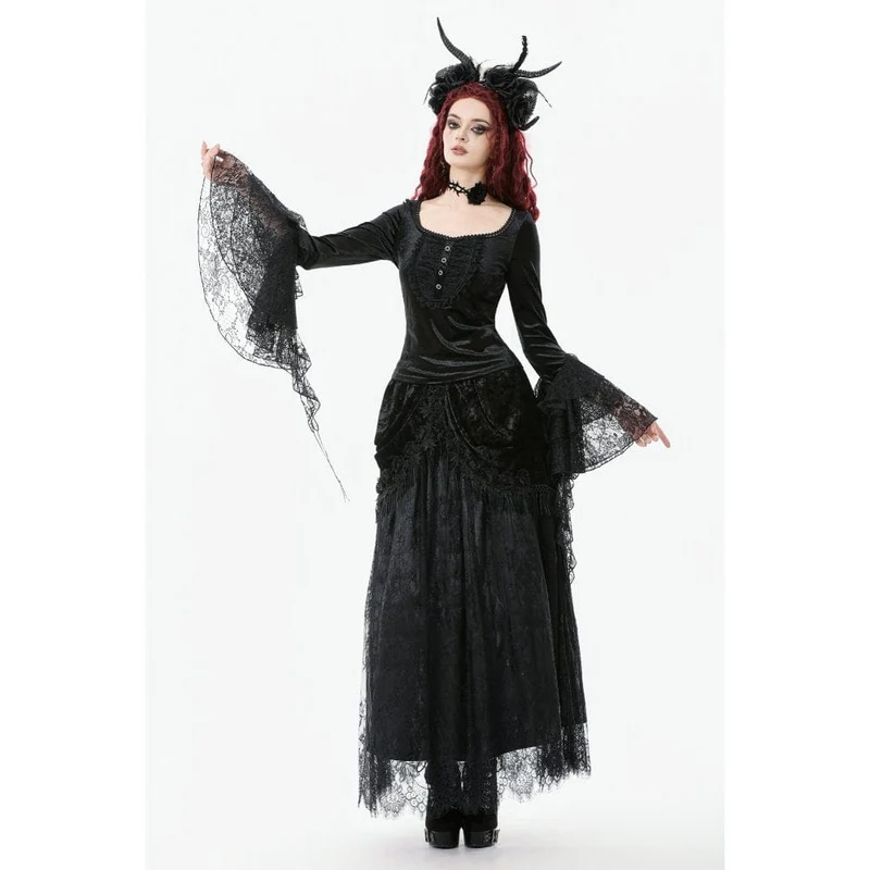Damen Gothic Maxirock mit Spitze und Blumenquaste