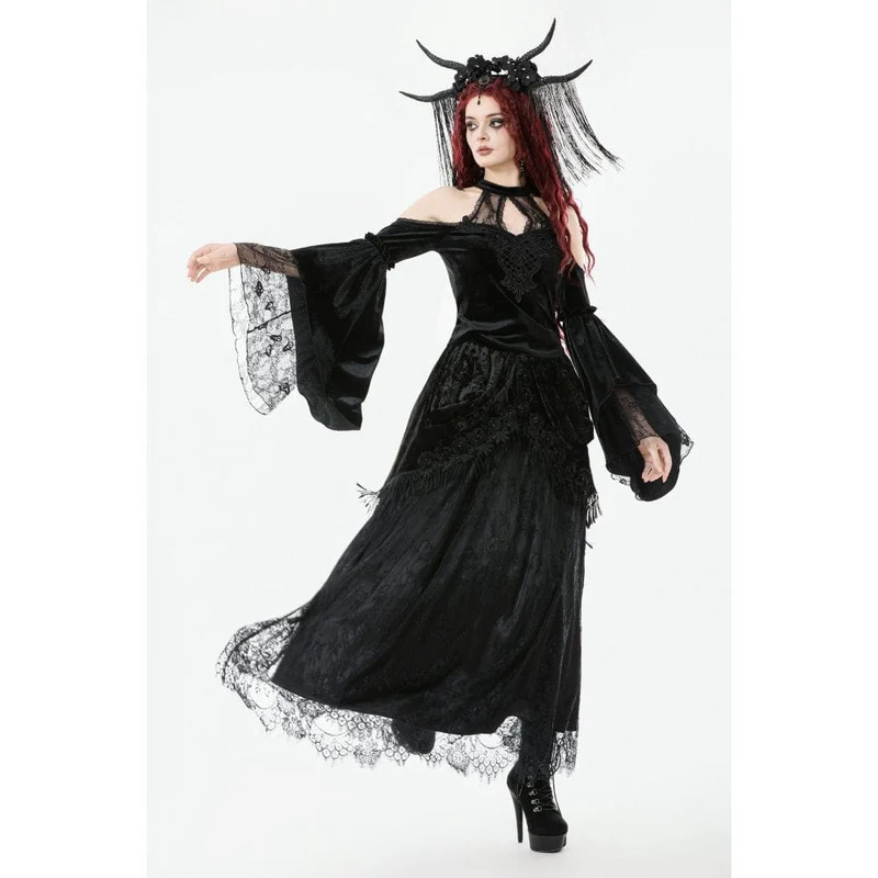 Damen Gothic Maxirock mit Spitze und Blumenquaste