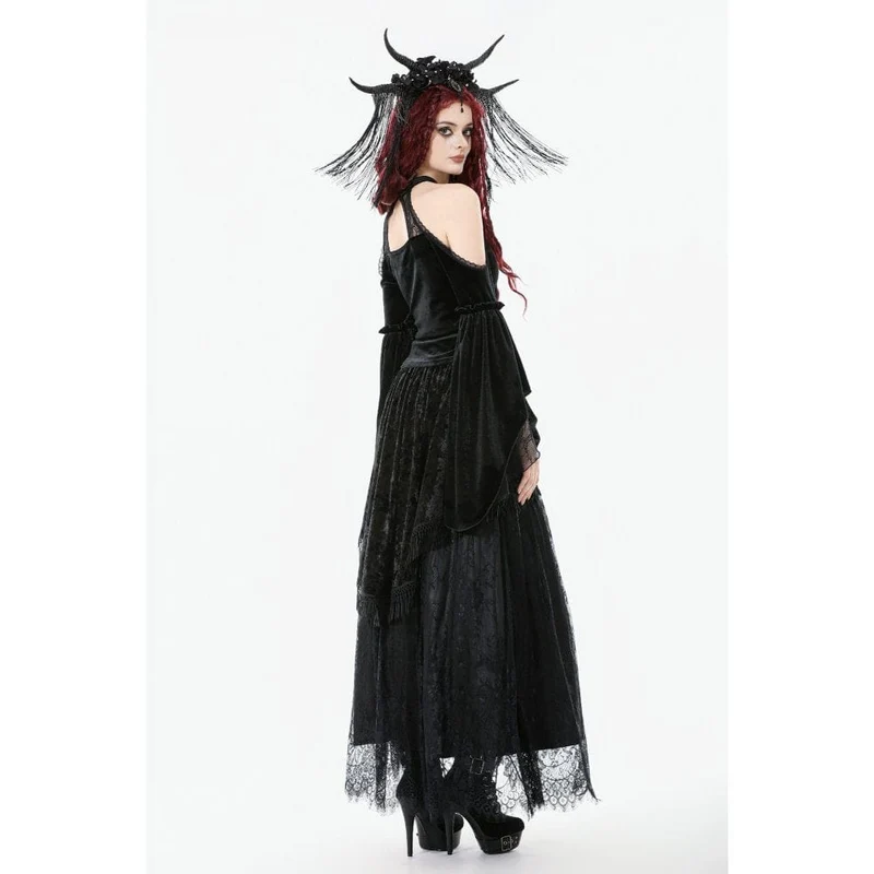 Damen Gothic Maxirock mit Spitze und Blumenquaste