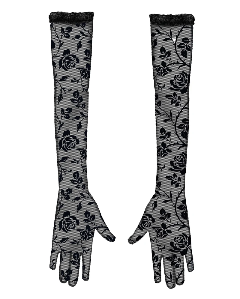 Lange Blumen Spitzenhandschuhe Schwarz