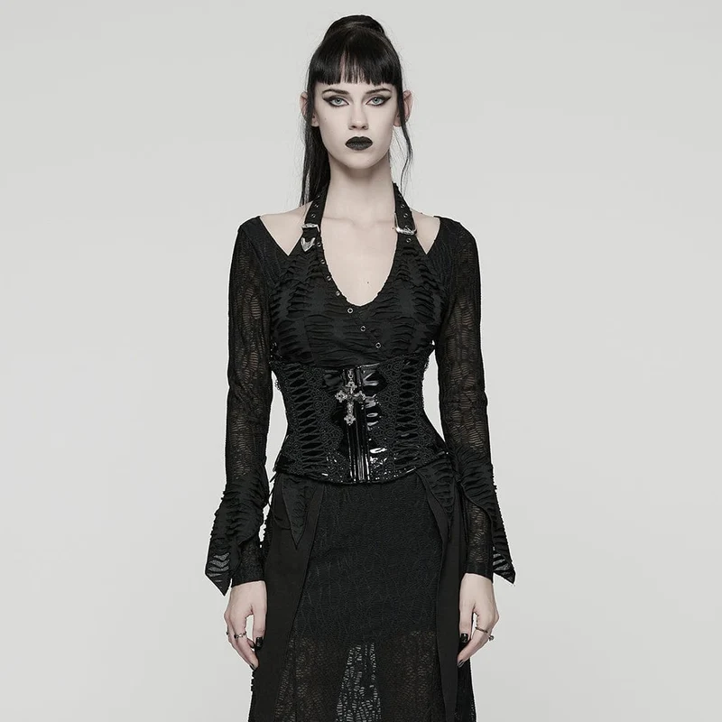 Gothic-Gürtel aus Kunstleder mit Blumenmuster und Häkeldetails für Damen