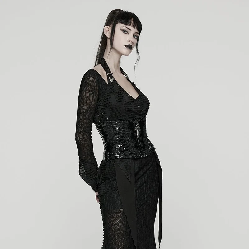 Gothic-Gürtel aus Kunstleder mit Blumenmuster und Häkeldetails für Damen