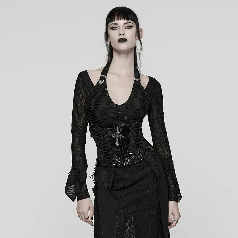 Gothic-Gürtel aus Kunstleder mit Blumenmuster und Häkeldetails für Damen