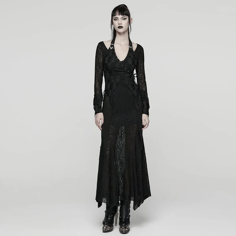 Punkiges Damen-Brautkleid mit Rissen, Schnürung, Neckholder und langen Ärmeln