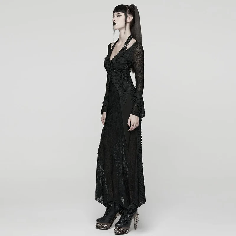 Punkiges Damen-Brautkleid mit Rissen, Schnürung, Neckholder und langen Ärmeln
