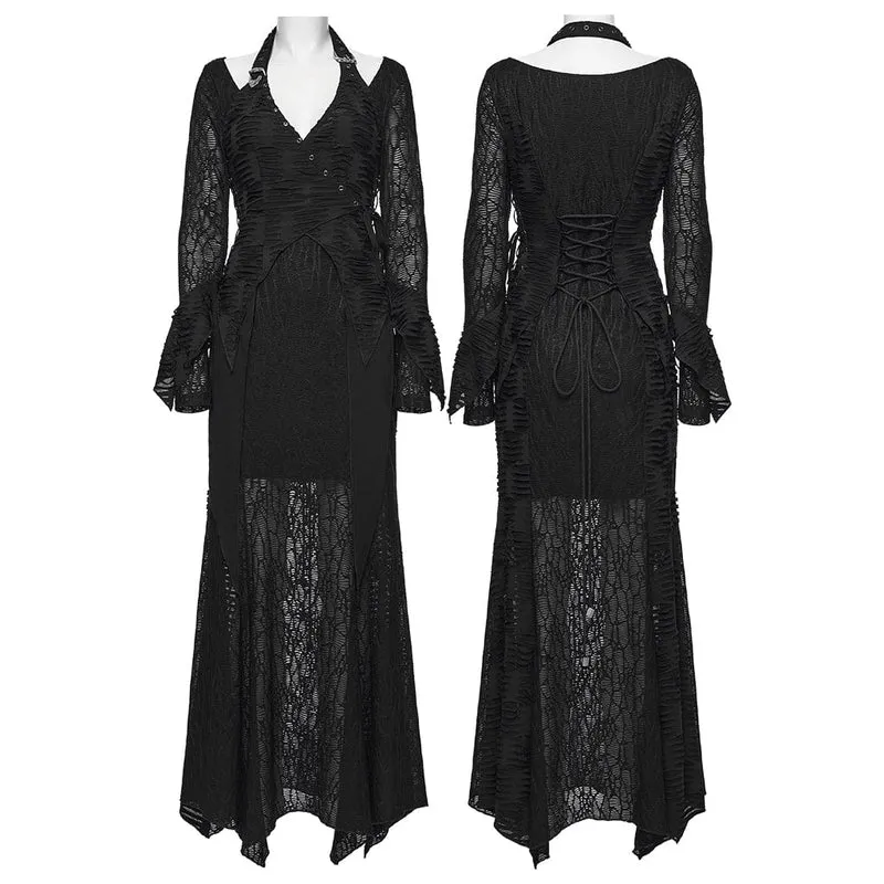 Punkiges Damen-Brautkleid mit Rissen, Schnürung, Neckholder und langen Ärmeln