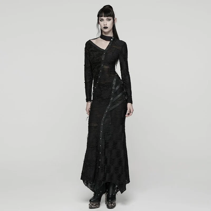 Punk-Kleid für Damen mit Rissen, Cut-outs, Schnallenverschluss, Trägern und langen Ärmeln – Hochzeitskleid