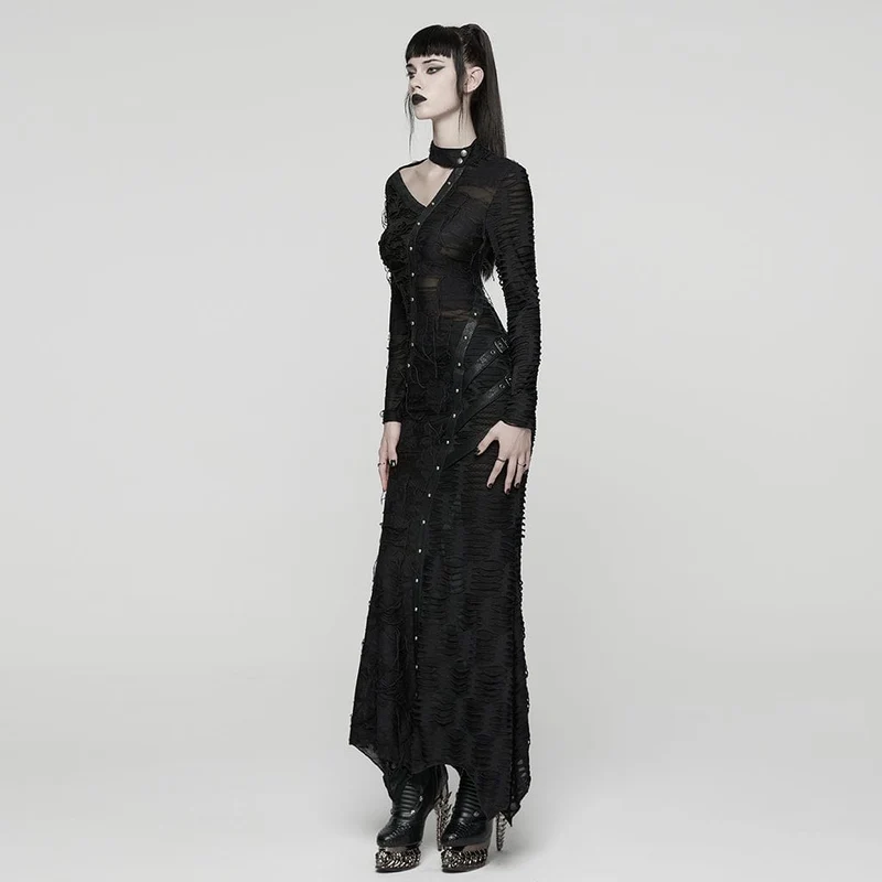 Punk-Kleid für Damen mit Rissen, Cut-outs, Schnallenverschluss, Trägern und langen Ärmeln – Hochzeitskleid