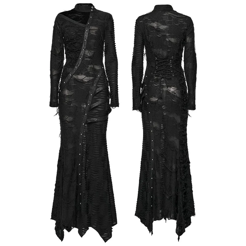 Punk-Kleid für Damen mit Rissen, Cut-outs, Schnallenverschluss, Trägern und langen Ärmeln – Hochzeitskleid