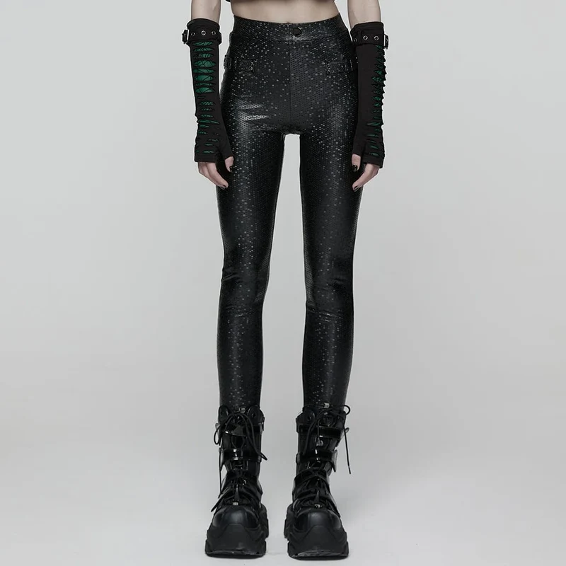 Damen Punk Honeycomb Riemchen-Leggings aus Kunstleder