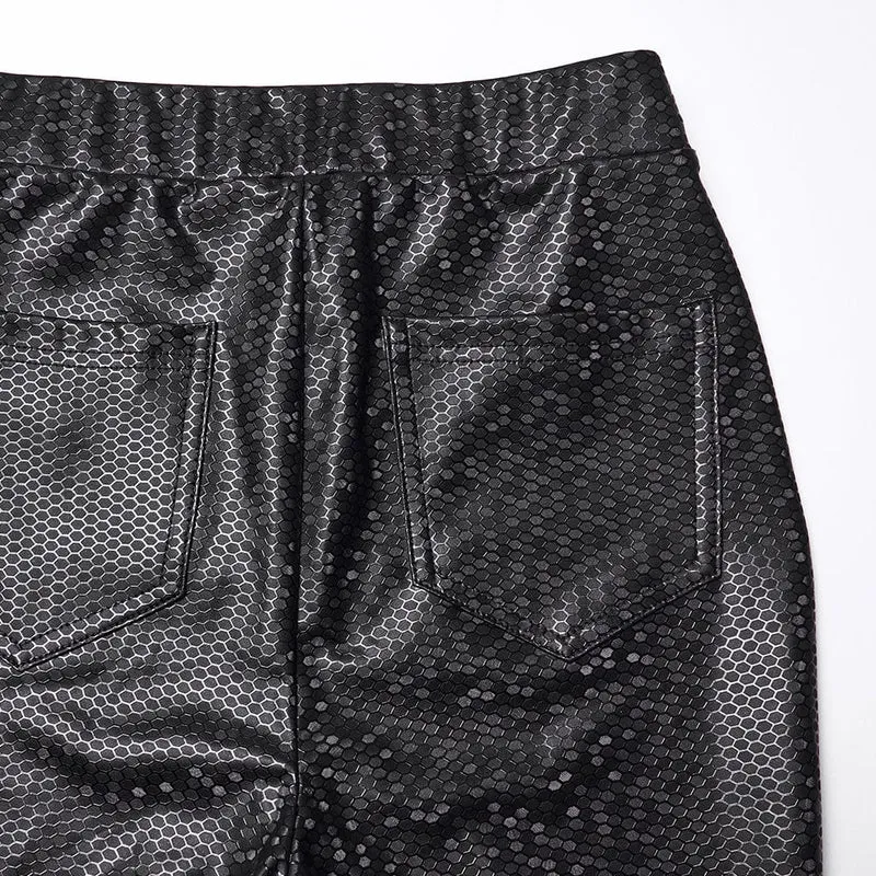 Damen Punk Honeycomb Riemchen-Leggings aus Kunstleder