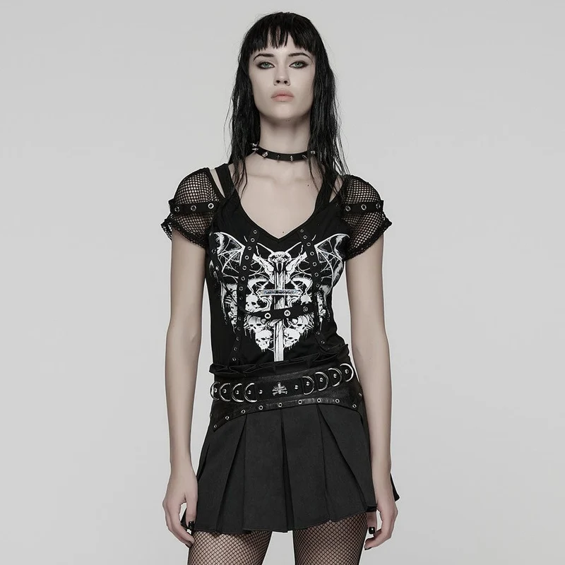 Damen T-Shirt mit Punk-Ösen-Riemen und Mesh-Splice-Print