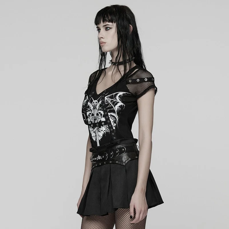 Damen T-Shirt mit Punk-Ösen-Riemen und Mesh-Splice-Print