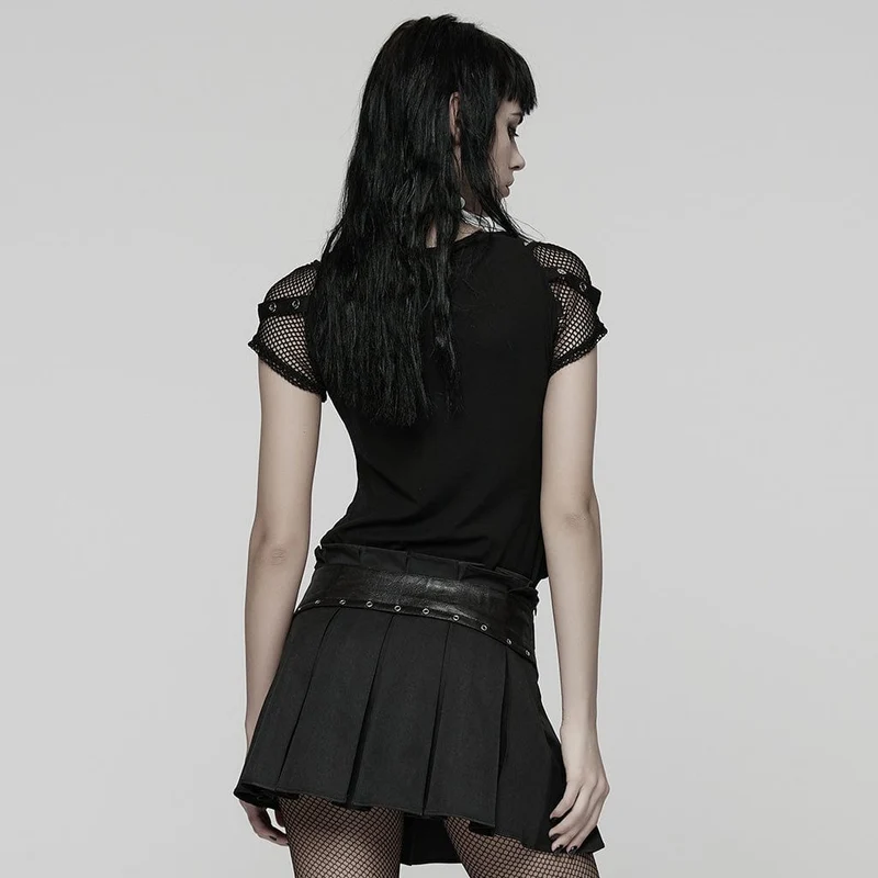 Damen T-Shirt mit Punk-Ösen-Riemen und Mesh-Splice-Print