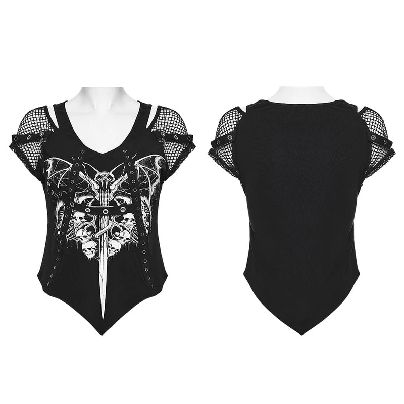 Damen T-Shirt mit Punk-Ösen-Riemen und Mesh-Splice-Print