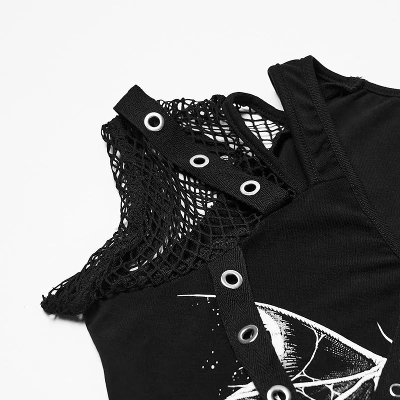 Damen T-Shirt mit Punk-Ösen-Riemen und Mesh-Splice-Print
