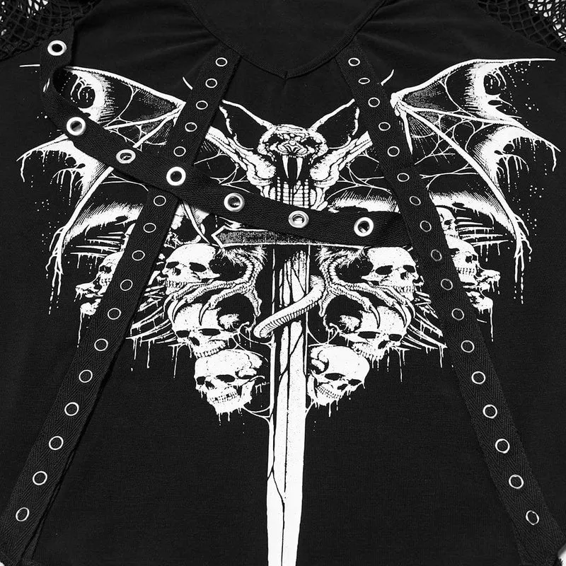 Damen T-Shirt mit Punk-Ösen-Riemen und Mesh-Splice-Print