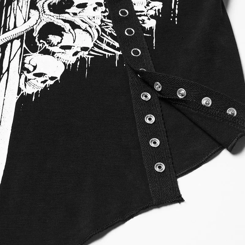 Damen T-Shirt mit Punk-Ösen-Riemen und Mesh-Splice-Print