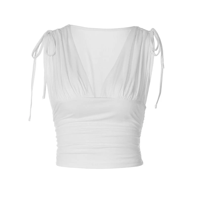 V neck ruched drawstring crop top