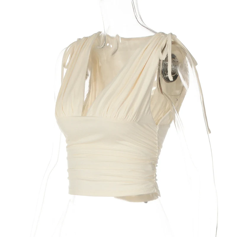 V neck ruched drawstring crop top