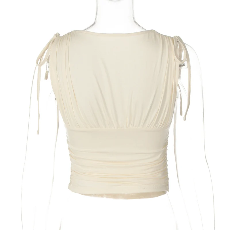 V neck ruched drawstring crop top