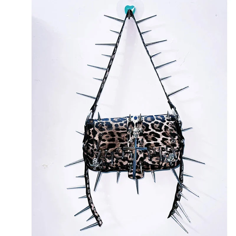 Leopard print rivet crossbody purse bag